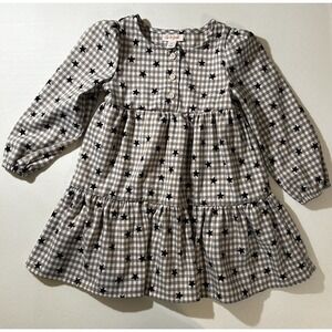 Cat & Jack Corduroy Star Print Checkered Long Sleep Tiered Girl Dress 3T